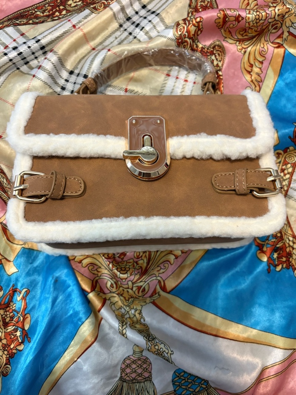 Women’s Faux Shearling Trim Satchel Bag - Tan